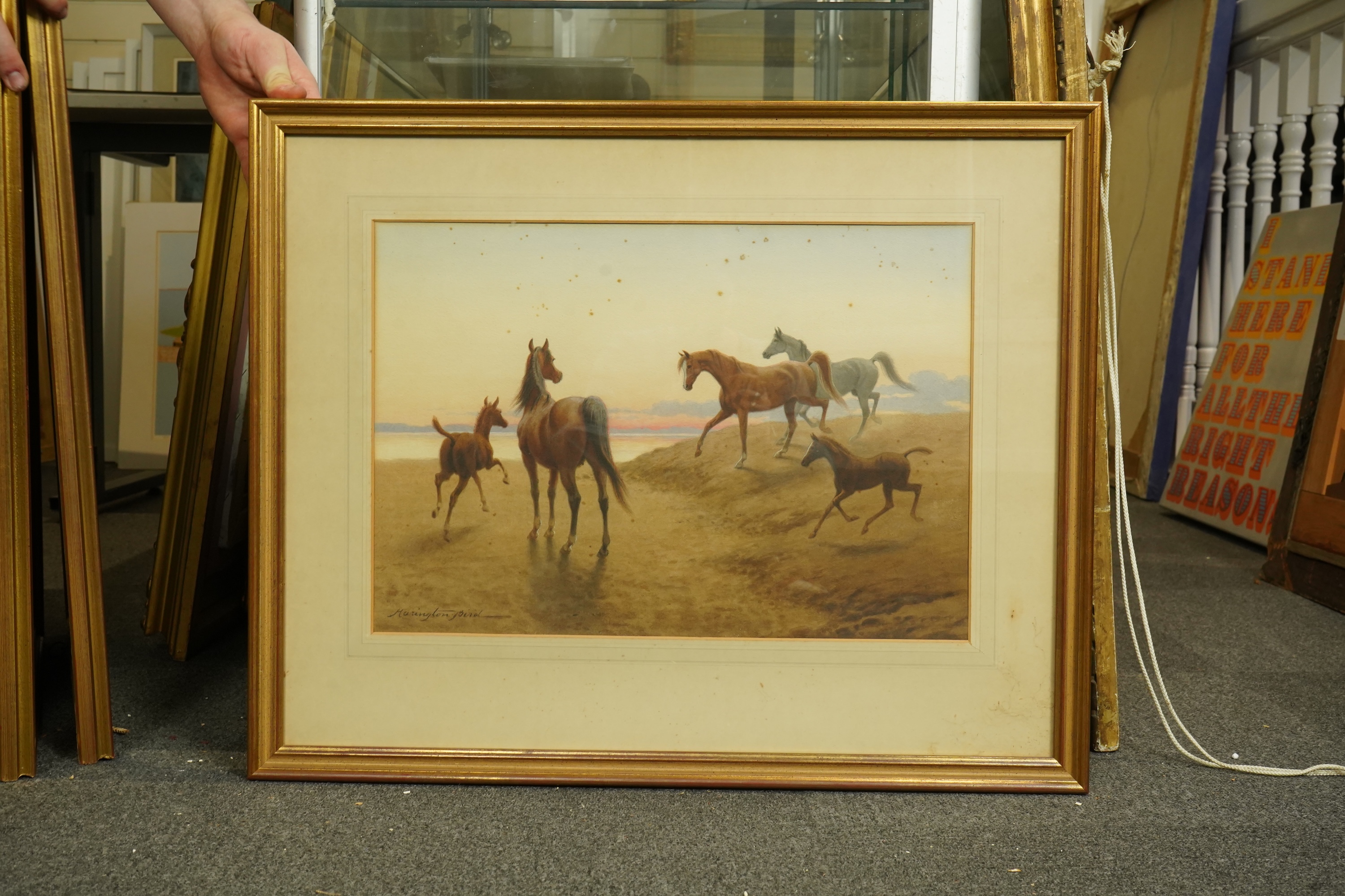 John Alexander Harrington Bird (English, 1846-1936), Arabian horses and foals in a coastal landscape, watercolour, 34 x 49cm